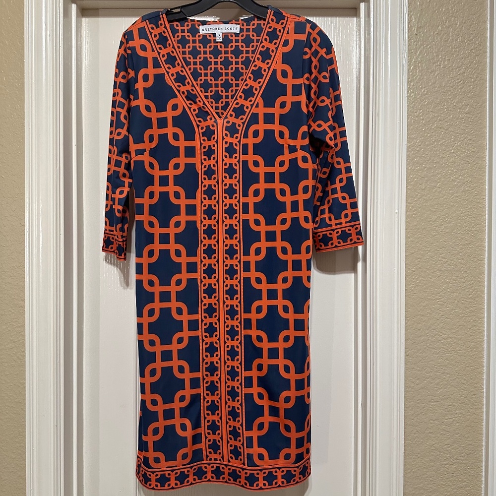 Gretchen Scott Designs Navy and Orange Geometric Dress